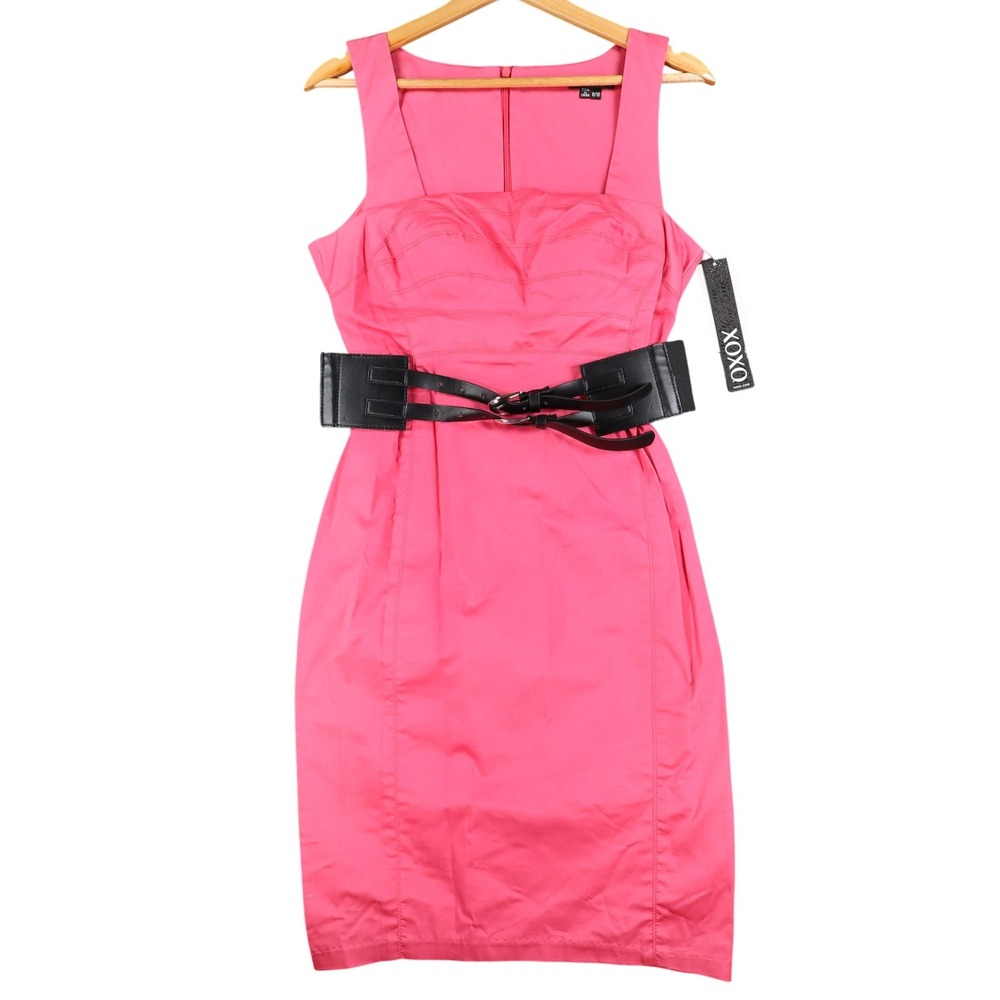 XOXO Sheath Dress Womens 9/10 Pink Cotton Stretch Belted Block Party 5897CBN5